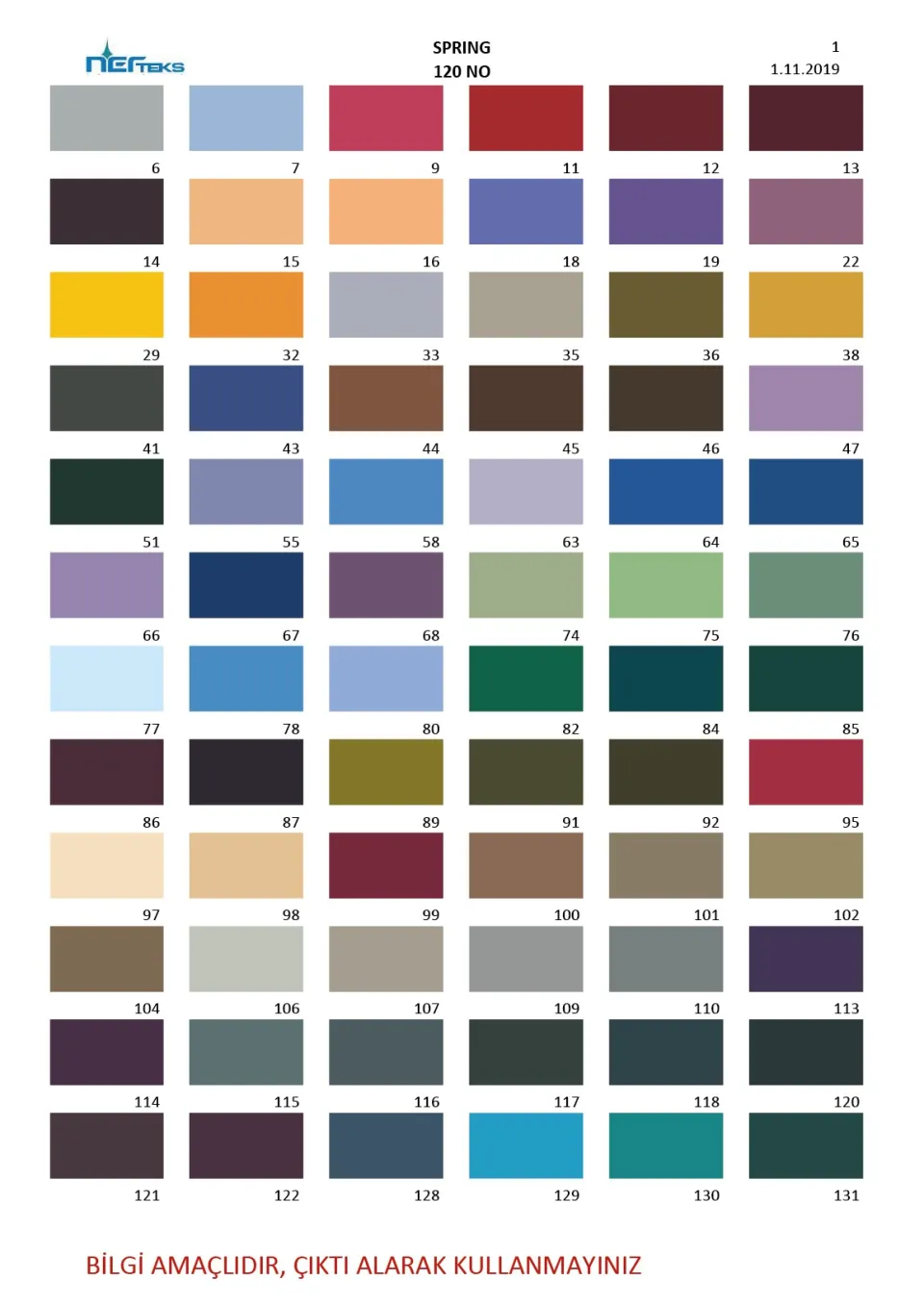 Spring 120 numara polyester dikiş ipliği renk kartelası, 1. sayfa
