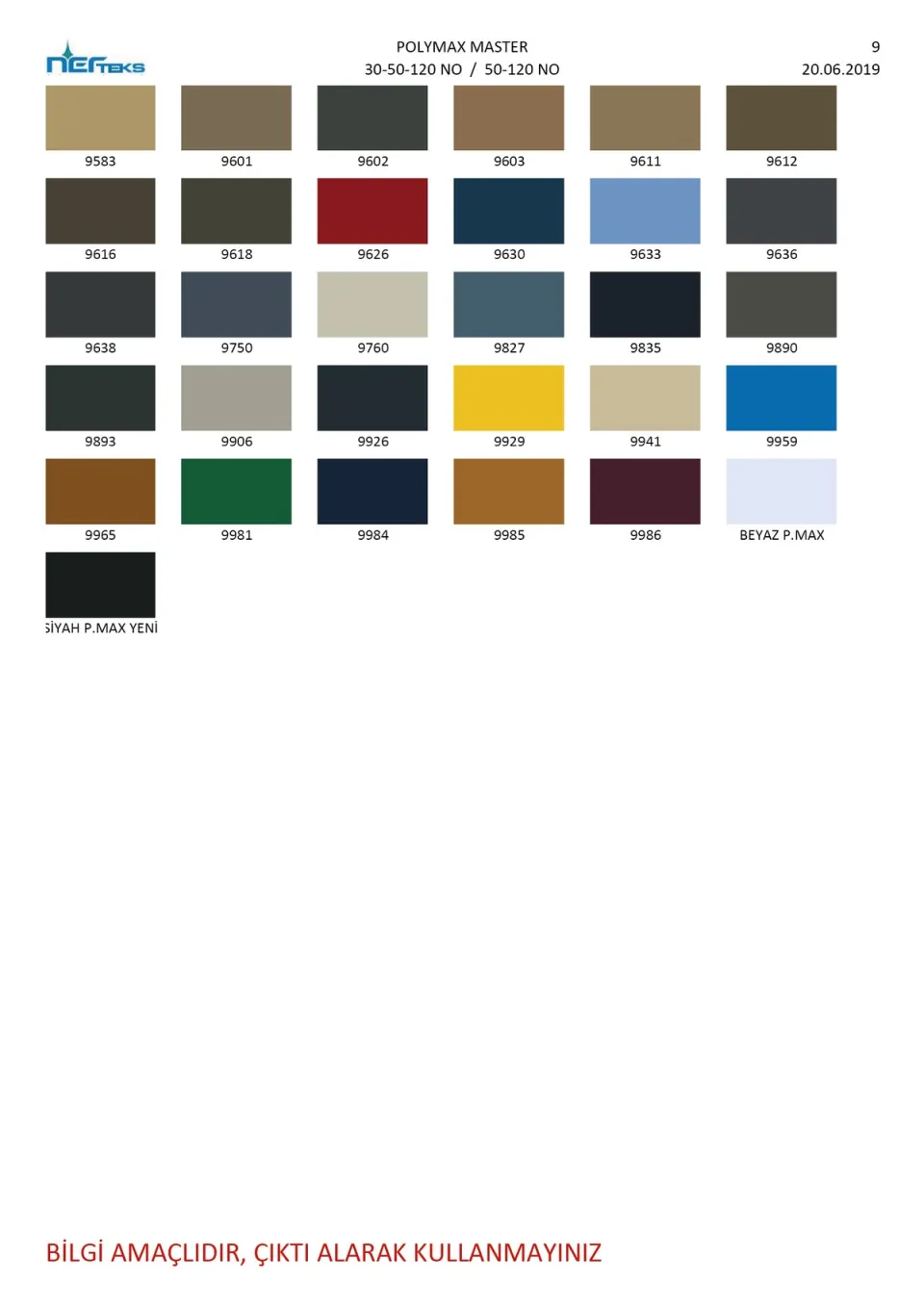 Master ve Poly Max polyester dikiş ipliği renk kartelası, 9. sayfa