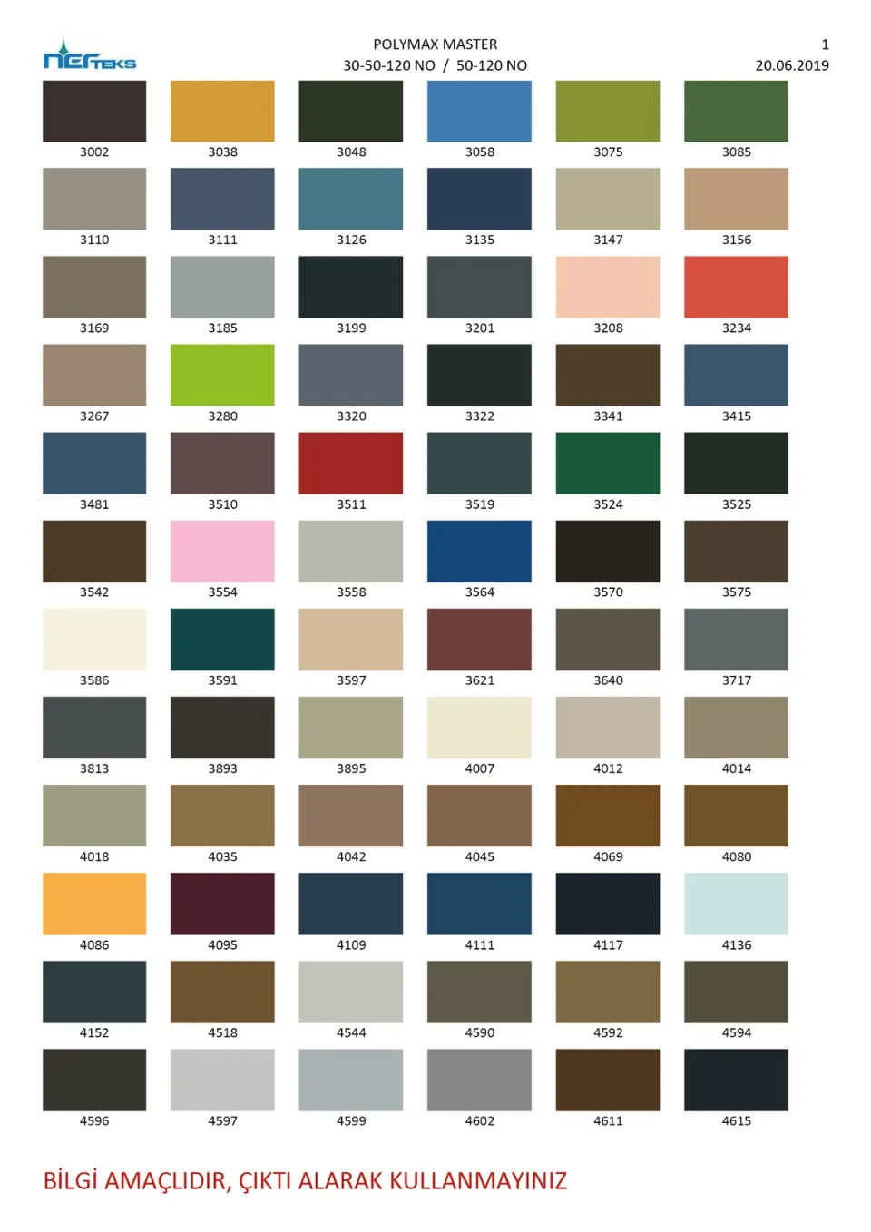 Master ve Poly Max polyester dikiş ipliği renk kartelası, 1. sayfa