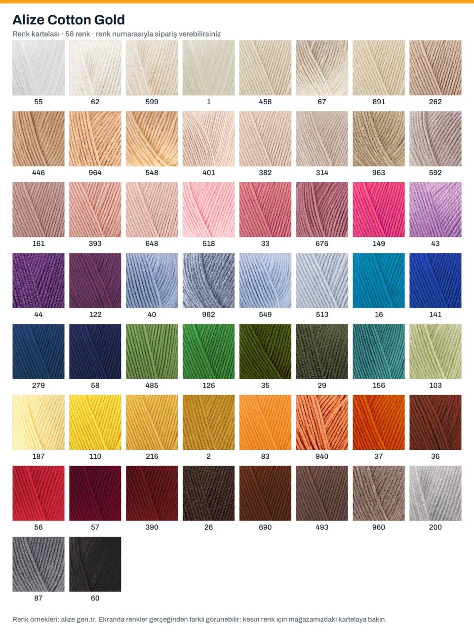 Alize Cotton Gold el örgü ipliği renk kartelası