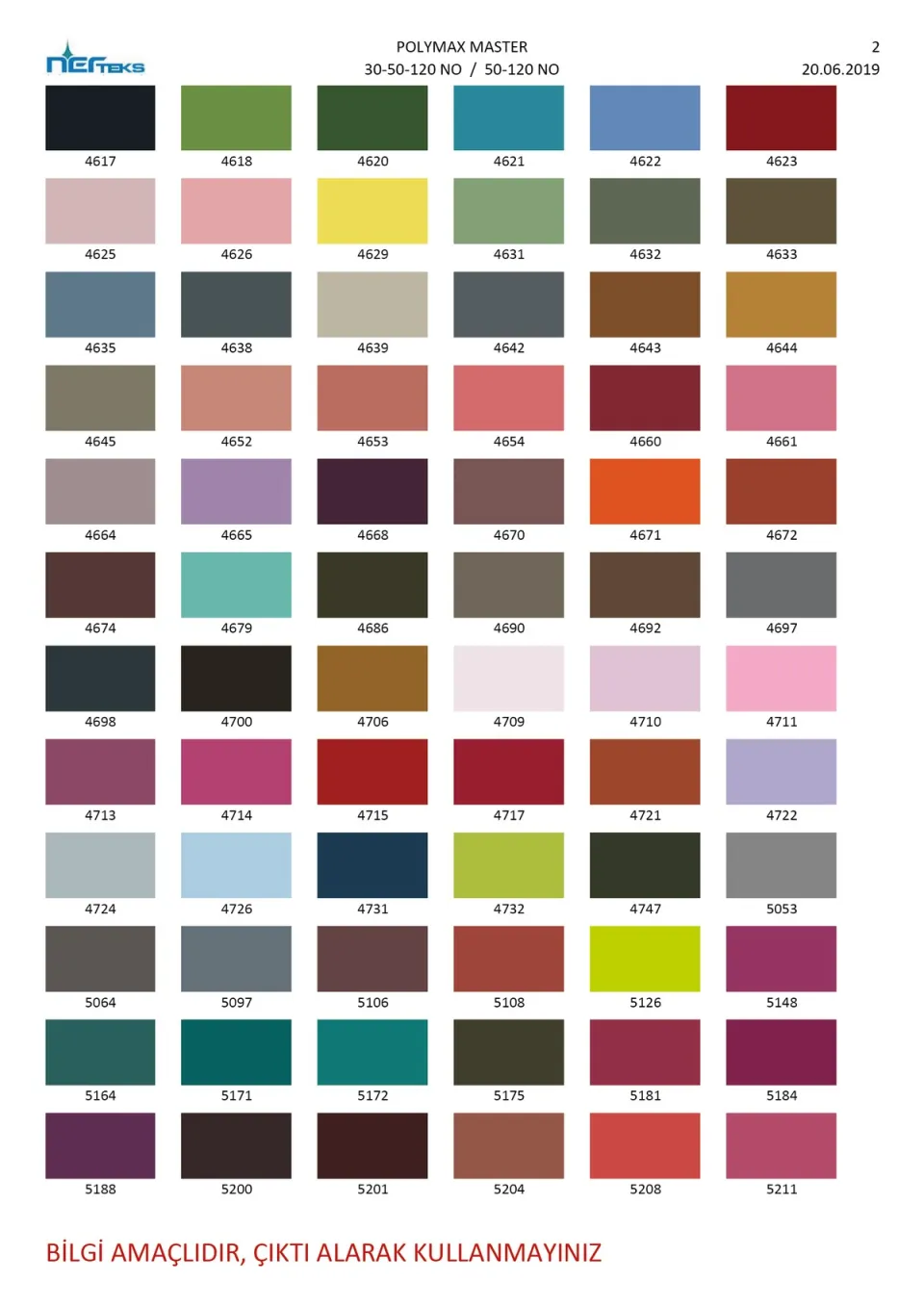 Master ve Poly Max polyester dikiş ipliği renk kartelası, 2. sayfa
